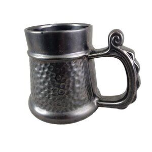 Vintage Pewter Beer Stein With Ornate Handle & Hammered Design Made In England